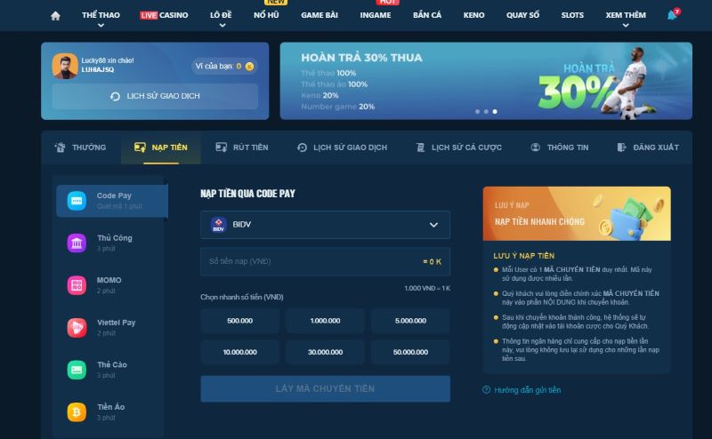 Giao diện nạp tiền Lucky88 qua Code Pay