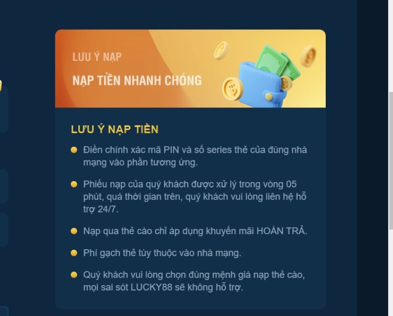 Lưu ý quan trọng khi nạp tiền tại nhà cái Lucky88